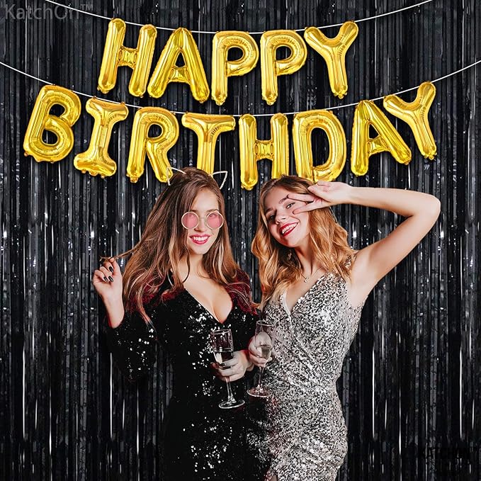 KatchOn XtraLarge Black Streamers - 3.2x8 Feet, Pack of 2 | Fringe Backdrop for Black Party Decorations | Tinsel Backdrop for Birthday, Bachelorette, Anniversary | Black streamers party decorations