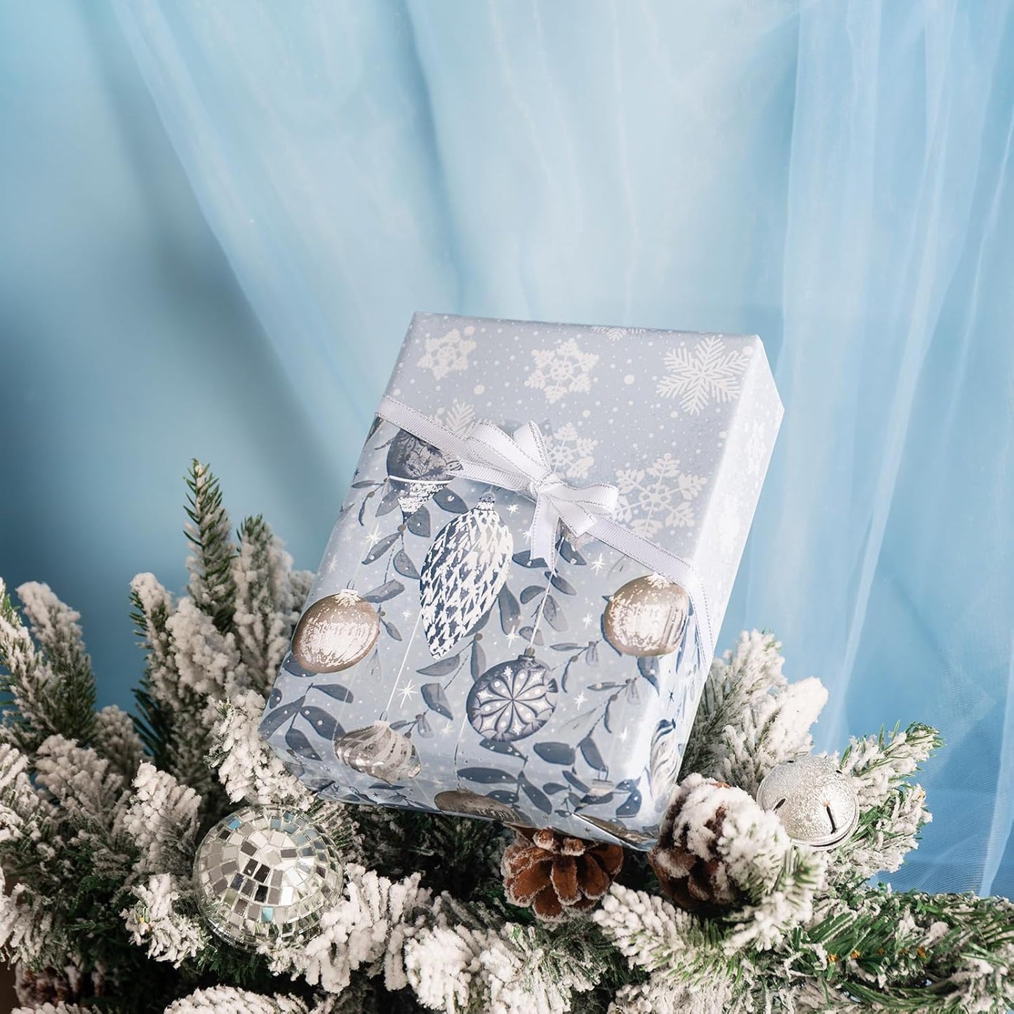 LeZakaa Christmas Silver Wrapping Paper Mini Roll, Silver Blue Christmas Ornaments, White Blue Snowflakes Metallic Foil, Reversible Design for Winter Holiday Family Gathering, 17 inches x 32.8 Feet