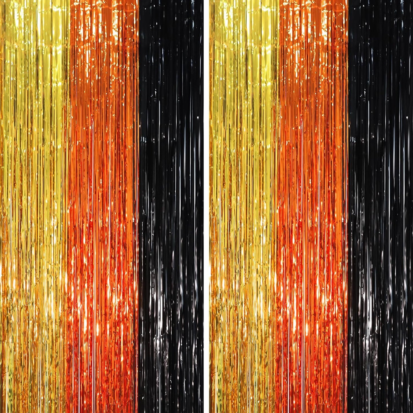 2 Pack Black Gold Orange Foil Fringe Backdrop Curtains, Tinsel Streamers Party Decorations, Fringe Backdrop, Door Shimmer for Construction or Birthday Party