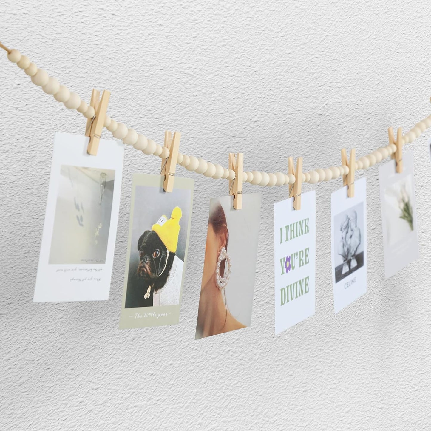 Hanging Photo Display Wall Decor, 3PCS Boho Wooden Bead Garland Collage Picture Frame with 9 Wood Clips for Bedroom, Living Room, Office, Dorm Decor, Photos Holder Teen Girl Gifts