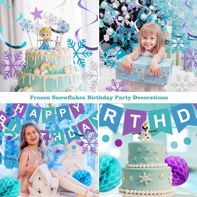 meowtastic Frozen Birthday Party Decorations - Happy Birthday Banner with Honeycomb Balls, Snowflake Hanging Swirls Streamers, Circle Dots Garland Decorations - Party Decorations for Boys Girls