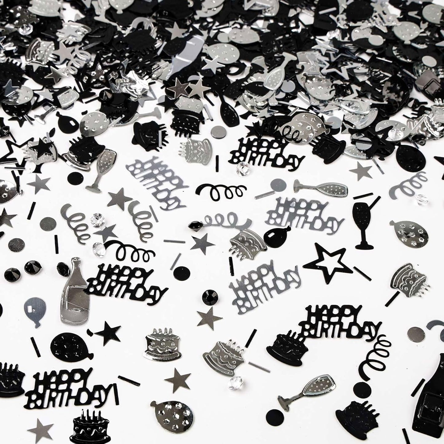 VHUWE Happy Birthday Confetti, 1.6 oz Black Silver Cake Balloon Star Goblet Bottle Confetti for Happy Birthday Party Decorations Boys Girls Kids Women Men Birthday Table Decorations | Black Silver