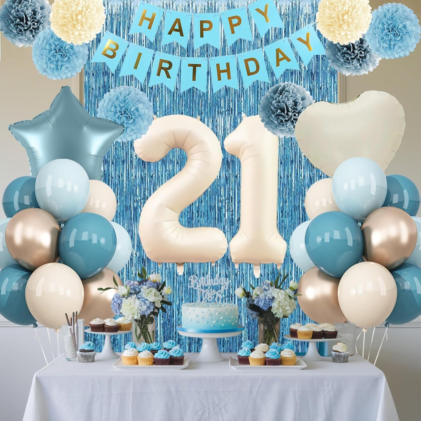 Dusty Blue 21st Birthday Decorations for Him Her Beige Cream Number 21 Balloon Blue Gold Happy Birthday Banner Fringe Curtain Paper Pom Poms Nude White Sand Champagne Star Foil Balloons Party Decor