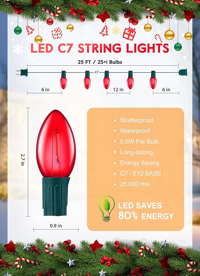 C7 Red Christmas LED String Lights, 25Ft C7 Outdoor String Lights with 26 Bulbs(1 Spare), Commercial Havy Duty for Christmas Tree Lights for Holidays Backyard Cafe Party Wedding Home Decorations