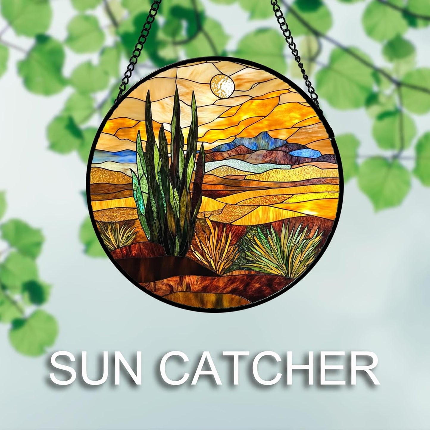 Stained Glass Window Hanging 4 Pcs Set Desert Sunset Theme Landscape Large 11.8" - Suncatcher Door Garden Sun Catcher Decor Birthday Christmas for Mom Woman Nana Men