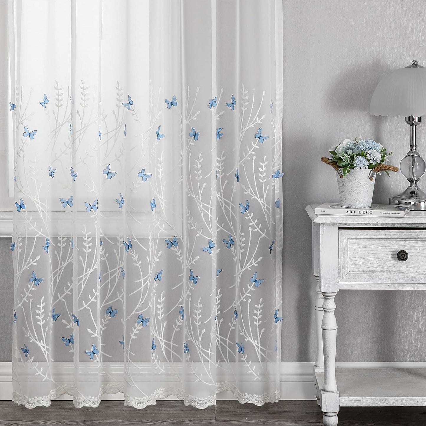 VISIONTEX White Sheer Voile Curtains, Decorative White Embossed Butterflies Rod Pocket Window Drapes for Home Kitchen, Living Room and Bedroom 54 x 84 Inch, Set of 2 Curtain Panels