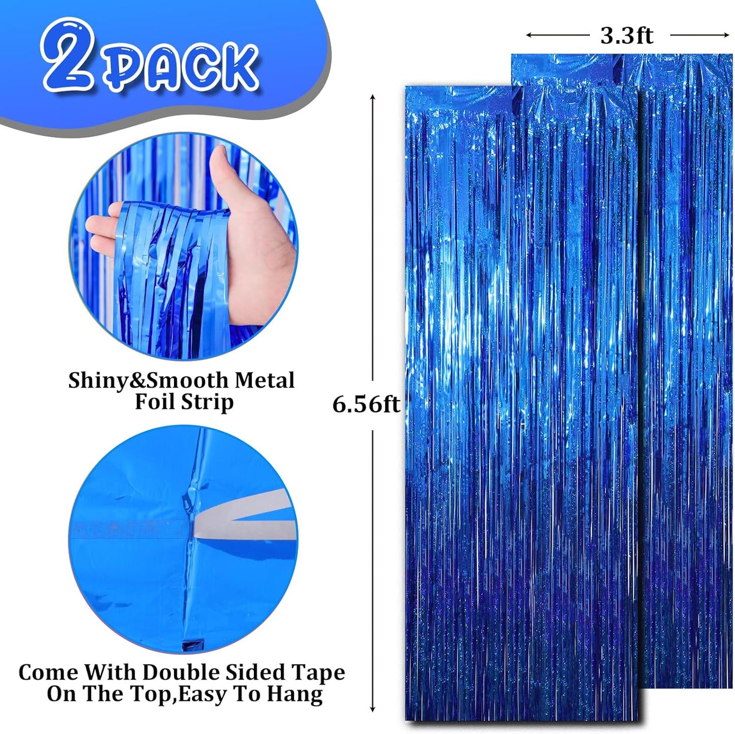 2 Pack Blue Tinsel Foil Fringe Curtains, Blue Party Decorations, Metallic Tinsel Party Streamers Backdrop for Birthday Baby Shower Graduation Wedding Anniversary Party Decorations