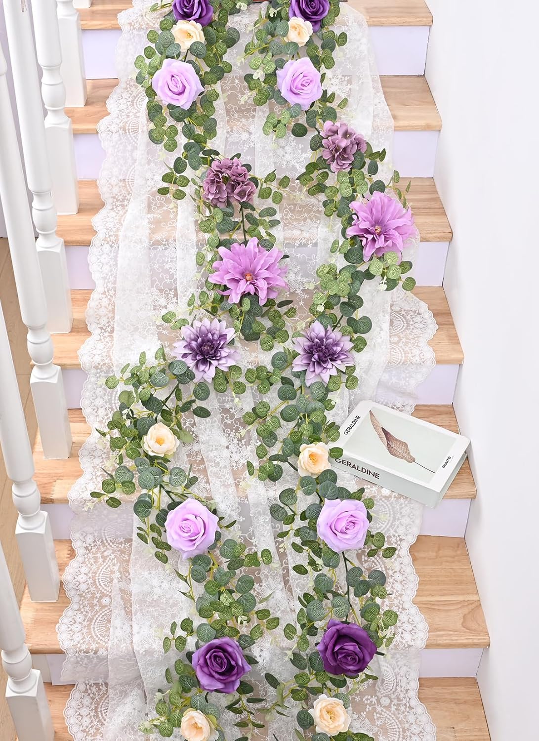 Waipfaru 2 Pcs Flower Garland, 6.07Ft Eucalyptus With Flowers, Rose Floral Vines for Wedding Reception Table Mantle Room Spring Summer Decor (Purple)