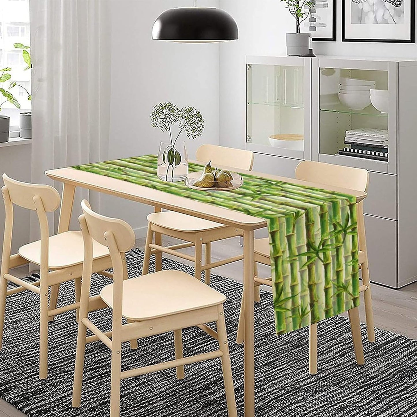 Bamboo Table Runner,Green Plant Print Table Runner for Kitchen Dining Table Home Party Decoration 13x90 Inch