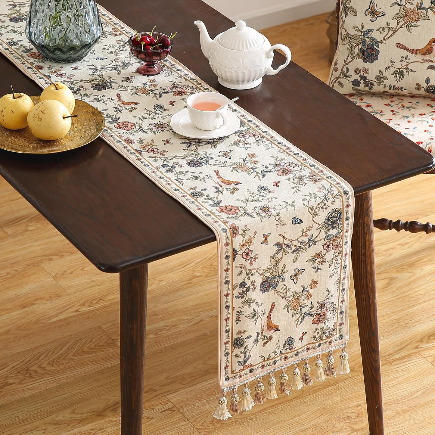 ISAENNE Designer Linen Table Runner 118 Inches Extra Long,Elegant Floral Bird Pattern Table Runners for Dining Room,Farmhouse Rustic Kitchen Decor,Thanksgiving,Christmas,12"*118"-Cornucopia