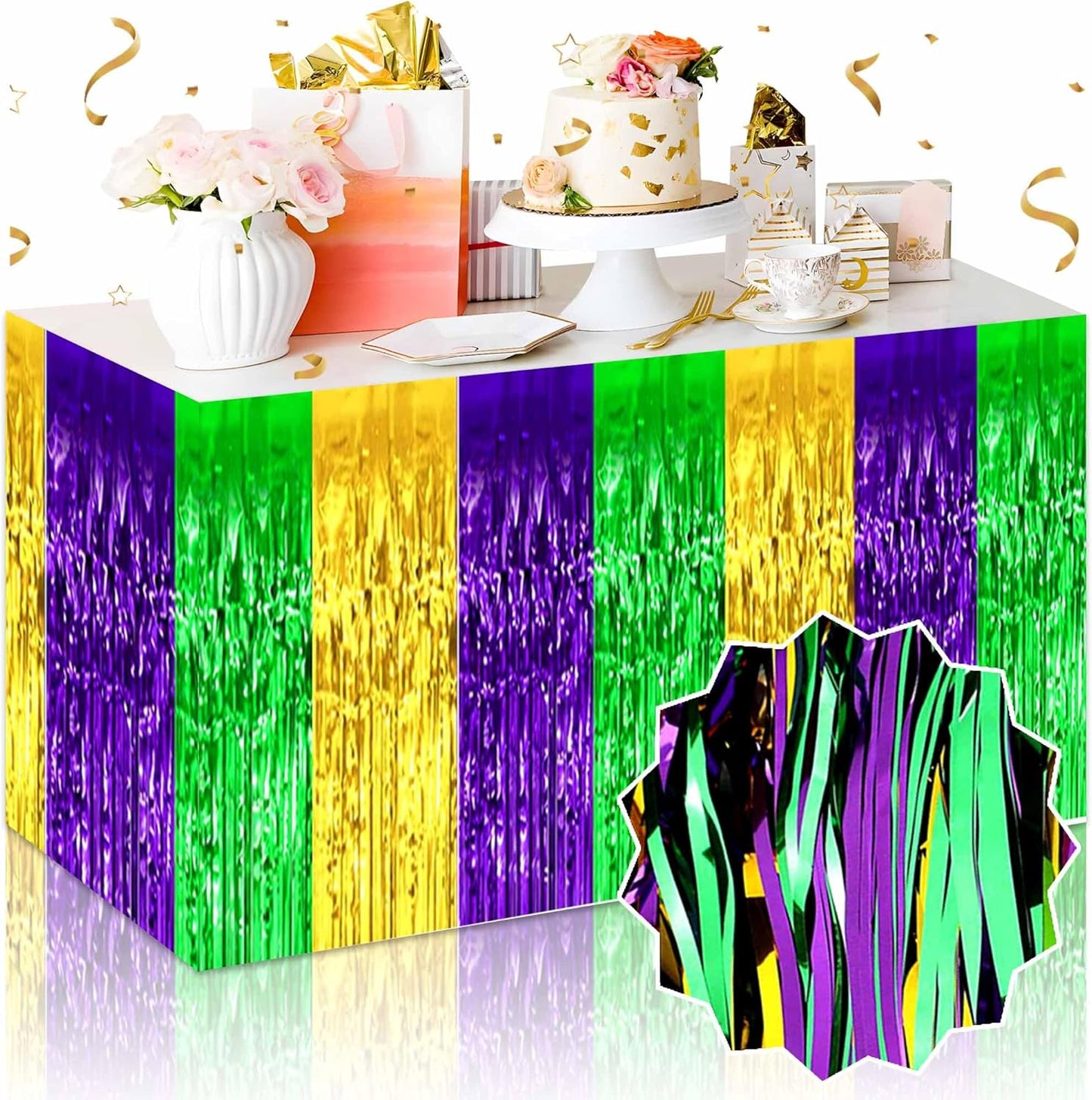 3 Pack Gold Green Purple Foil Fringe Table Skirts Metallic Tinsel Streamers Garland Banner Backdrop for Table Decor, Parade Float, Birthday, Wedding, Halloween, Christmas Party Decorations(29x108 In)