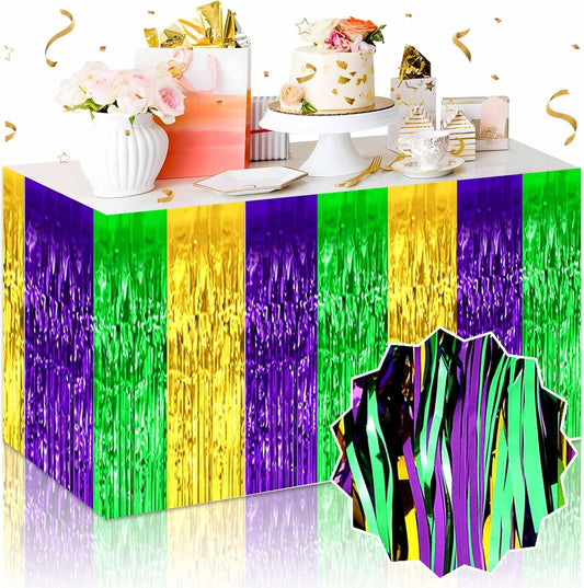 3 Pack Gold Green Purple Foil Fringe Table Skirts Metallic Tinsel Streamers Garland Banner Backdrop for Table Decor, Parade Float, Birthday, Wedding, Halloween, Christmas Party Decorations(29x108 In)