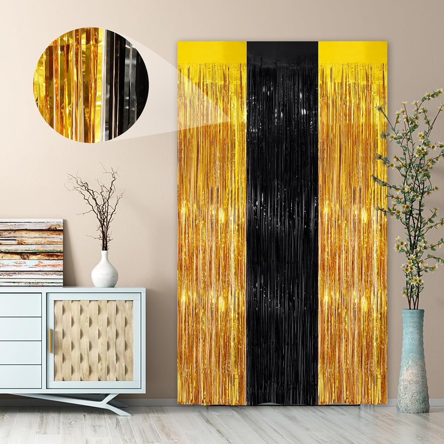 Black Gold Streamer Tinsel Foil Fringe Curtains Streamer 2Pack 3.3X 8.3Ft Streamer Tinsel Streamer Curtains for Birthday Party Decors Wedding Bachelorette Bridal Shower Xmas Decors Streamers
