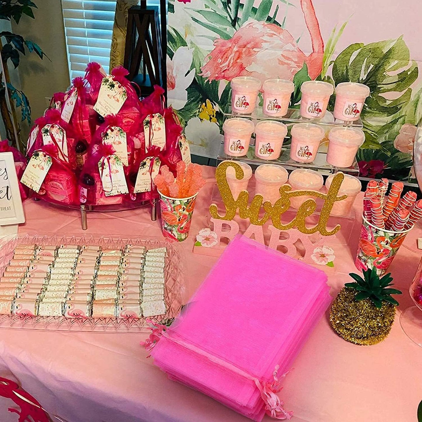 ANZNKU 100 Pack Organza Bags 4 x 6 inch Sheer Drawstring Small Mesh Bags for Candy Jewelry Party Wedding Christmas Favor Gift Bags(Hot Pink)