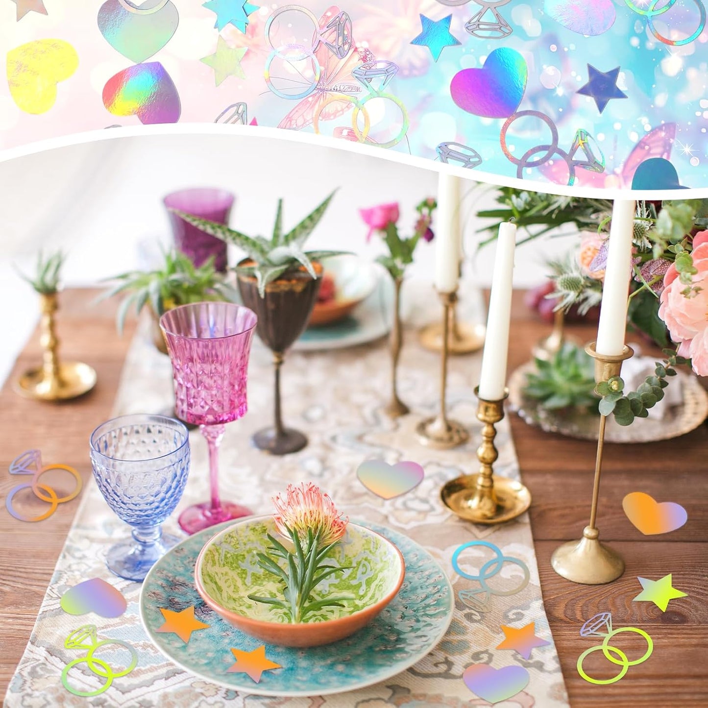 300 Pcs Iridescent Bachelorette Confetti, Bridal Shower Decoration Confettis, Wedding Decorations Diamond Ring Heart Star Table Confetti for Engagement Party Decorations, Bridal Shower supplies