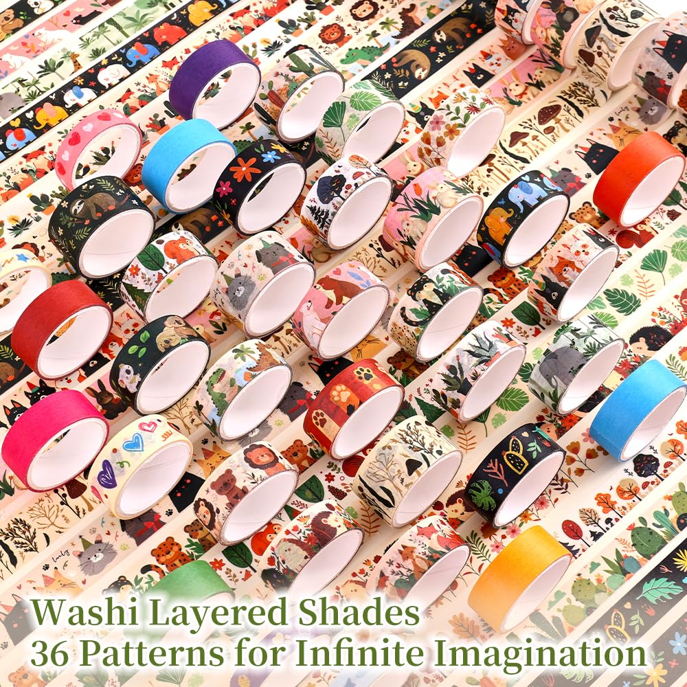 36 Rolls Animal Theme Washi Tape Set, Colorful Cute Adorable Animals Writable Decorative Tapes for Scrapbooking, Bible Journaling, Bullet Journaling, 0.6"x79" per Roll