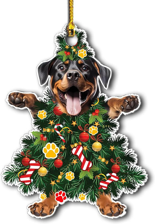 Rottweiler Dog Christmas Ornament - Adorable Dog Dressed as a Christmas Tree - Fun and Festive Acrylic Decoration (Rottweiler Dog Xmas Tree)