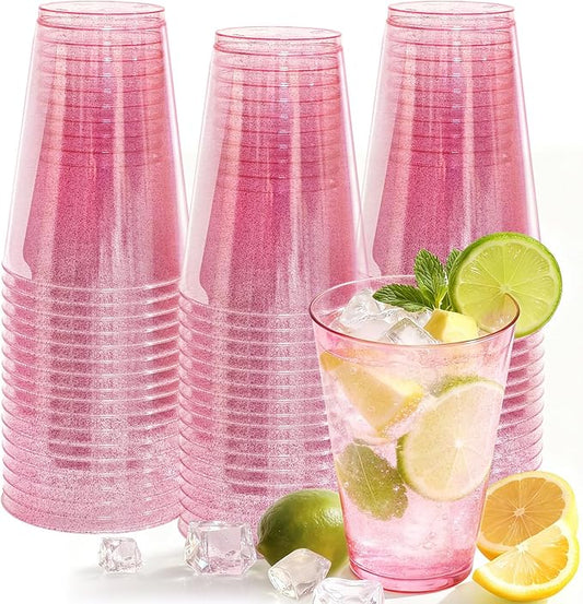 50 Pack Plastic Cups Disposable 12 oz Pink Glitter Party Cups for Cocktail Fancy Clear Plastic Cup, Drinking Cups for Birthdays, Weddings, Christmas,Graduation,Thanksgiving