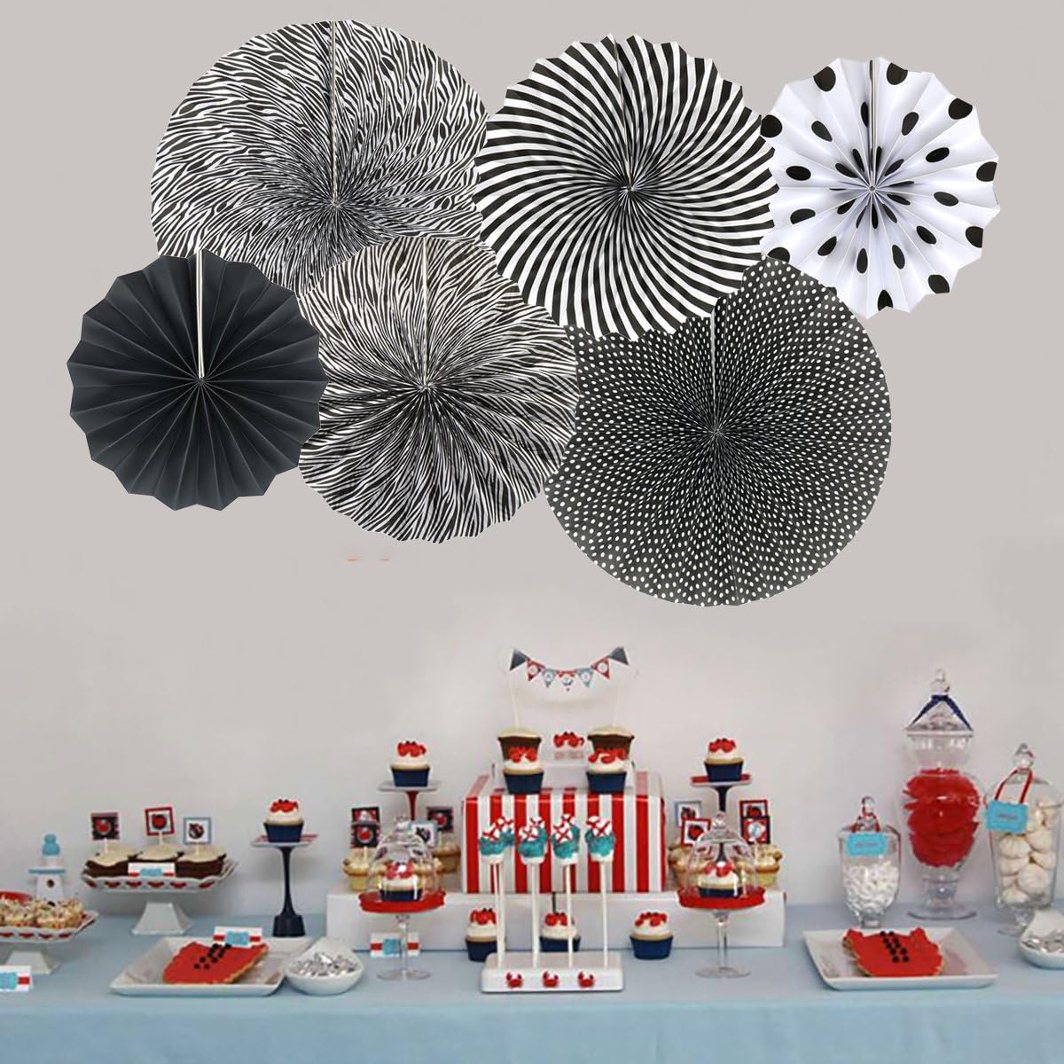 Party Hanging Paper Fans Set, Black Round Pattern Paper Garlands Decoration for Birthday Wedding Graduation Events Accessories, Set of 6