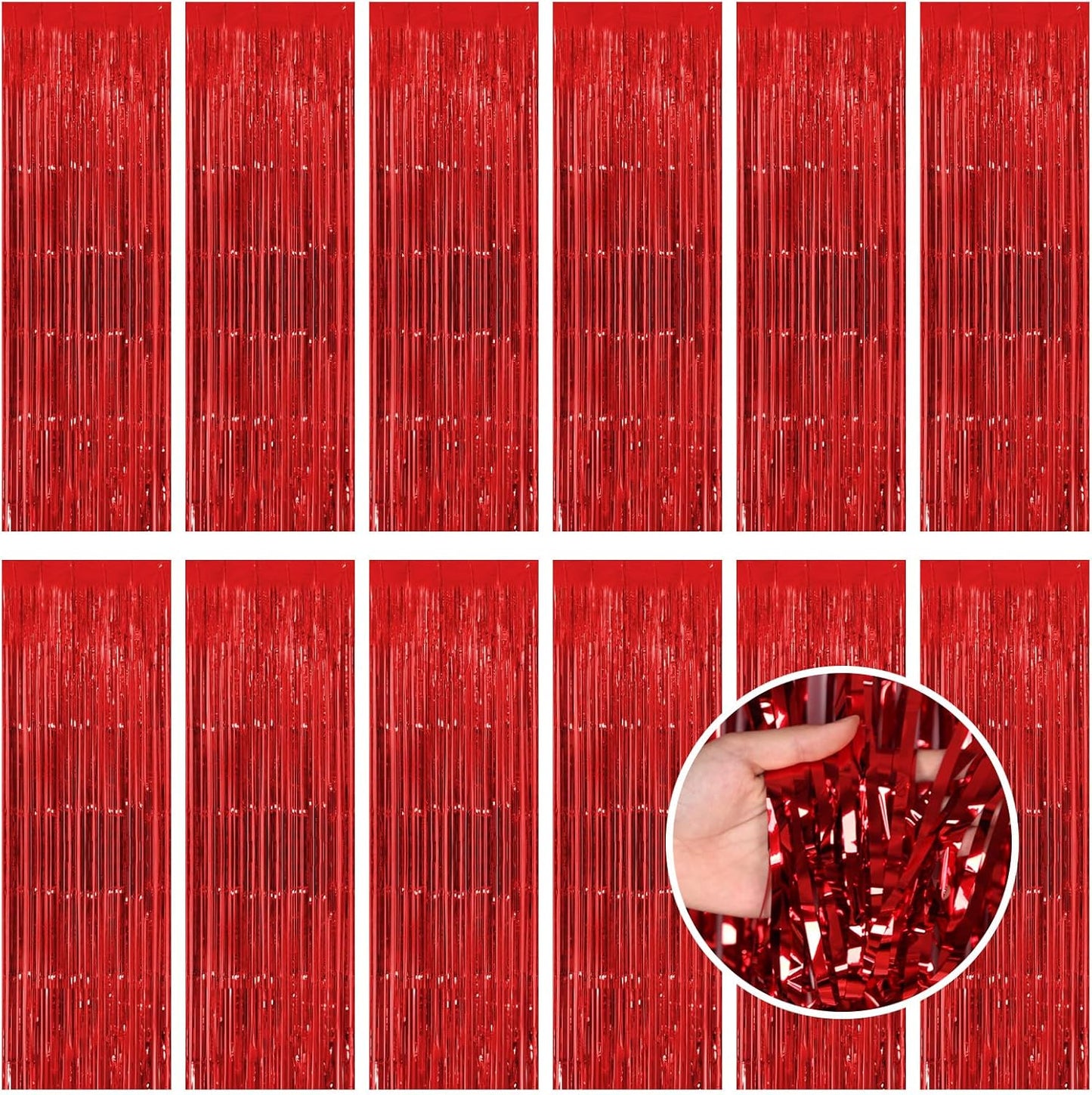 Red Fringe Curtain Party Streamers, 12 Pack 3.3ft x 8.2 ft Foil Curtain Backdrop Tinsel Foil Fringe Curtains Photo Booth Backdrop Streamer for Birthday, Wedding, Baby Shower, Disco Party