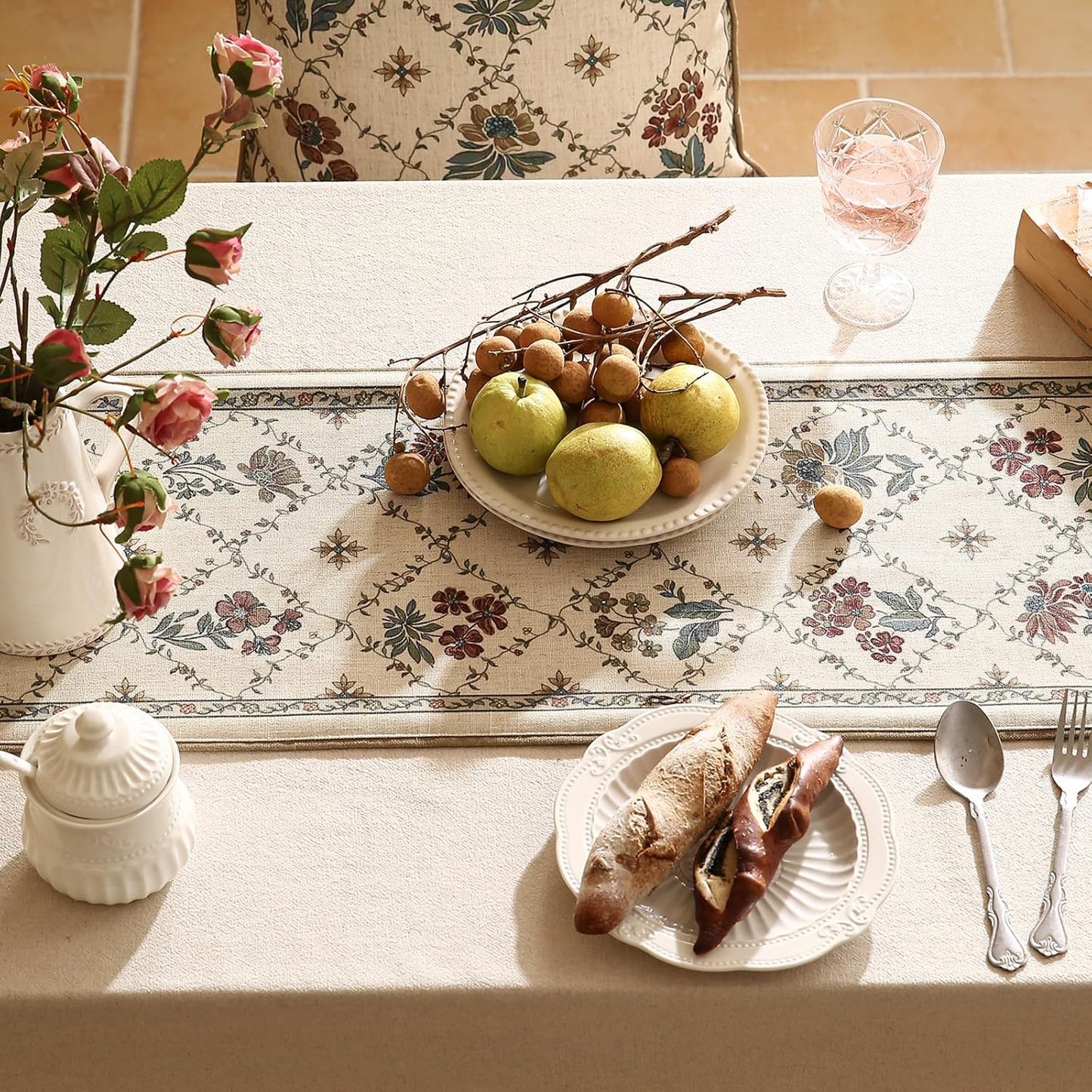 patdrea Designer Vintage Floral Linen Extra Long Table Runner 118 Inch Long,Beige Cottage Rustic Bouquets Pattern Table Mat,Decor for Kitchen Dining Coffee Table Cabinet Thanksgiving,12"*118"