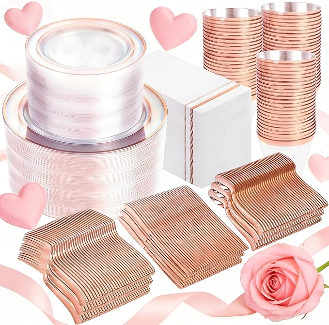 GATHER 700PCS Rose Gold Plastic Plates - Clear Rose Gold Rim Disposable Dinnerware Set Includes 200 Plates, 300 Silverware, 100 Napkins, 100 Cups for Party & Wedding & Valentine's Day