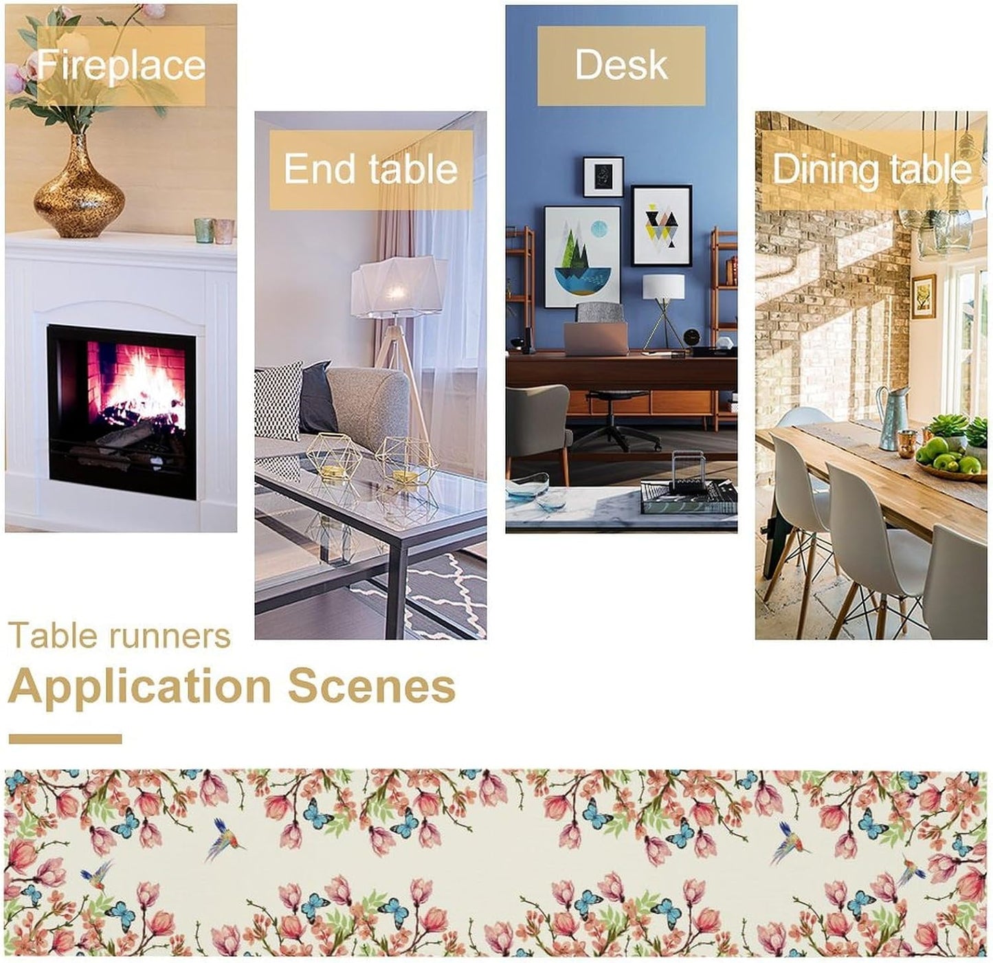 Flowers Table Runner,Floral Bird Butterfly Spring Table Cloth Kitchen Dining Table Home Party Decoration 13x108 Inch