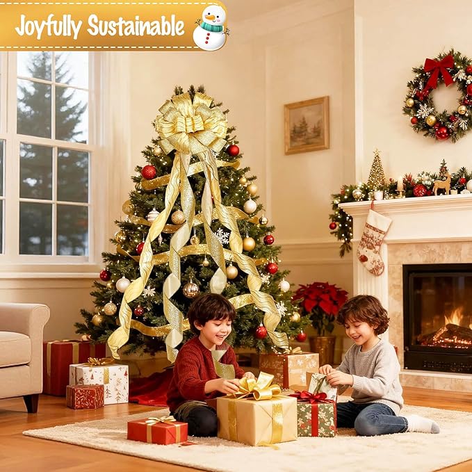 Dayker Christmas Tree Topper Bow, 51x13 Inches Handmade Gold Wreath Bows, Large Ribbon Ornaments with Wired Edge, Xmas Long Streamers Bowknot for Birthday Wedding Party Home Door Porch Decor