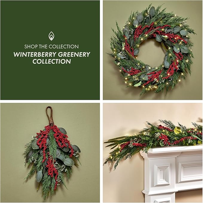 LampLust Lighted Garland with Lights Battery Operated, 6 Ft Red Berry & Eucalyptus,100 LED with Timer, Greenery Garland for Mantle All Year Round