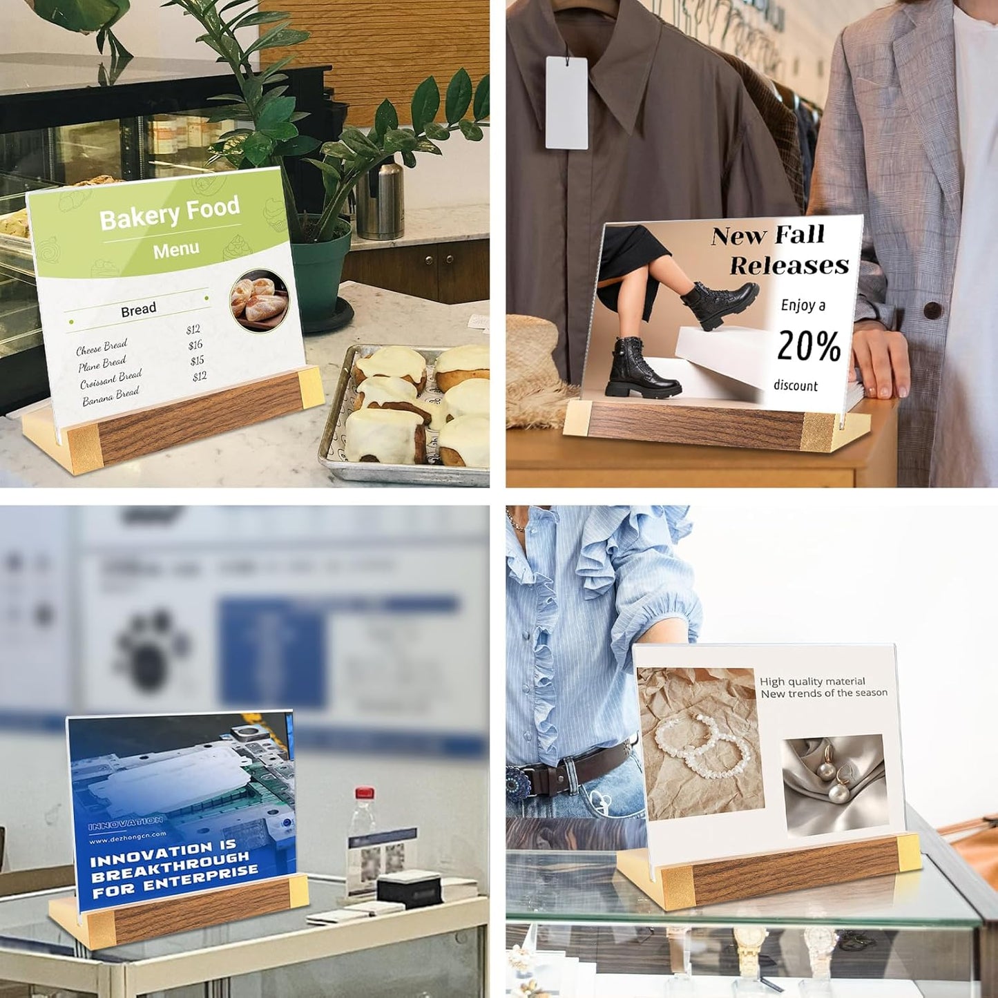 Acrylic Sign Holder 8.5x11 Inch with Wood-Color Base, Tabletop Display Sign Frame Horizontal Clear for Store/Coffee Shop/Restaurant Menu Display Hotel/Office Show Exhibitions Holder, 2 Pack L Shape