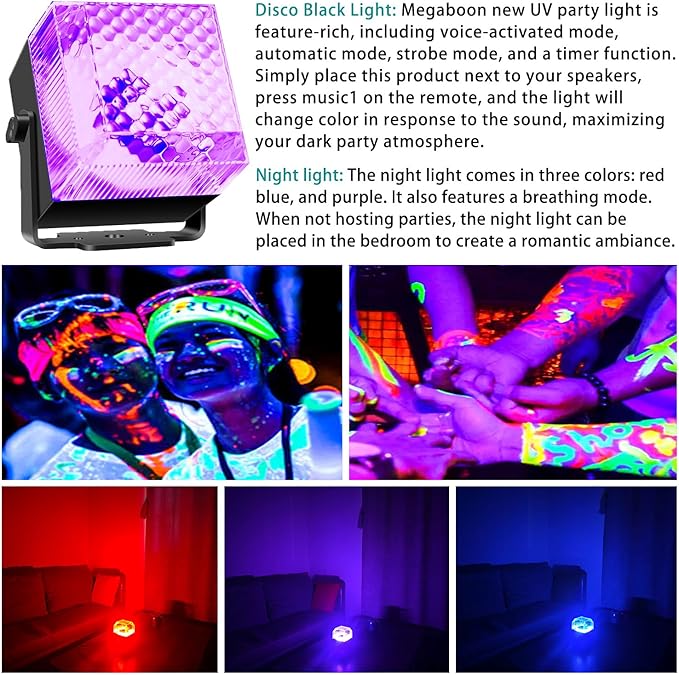 2 in 1 Disco Black Light Glow Party Lights,10W UV Disco Ball Light with Sound Activated Strobe Light Halloween Dj Party Lights Indoor for Halloween Christmas Birthday Party Dancing Decoration, 2 Pack