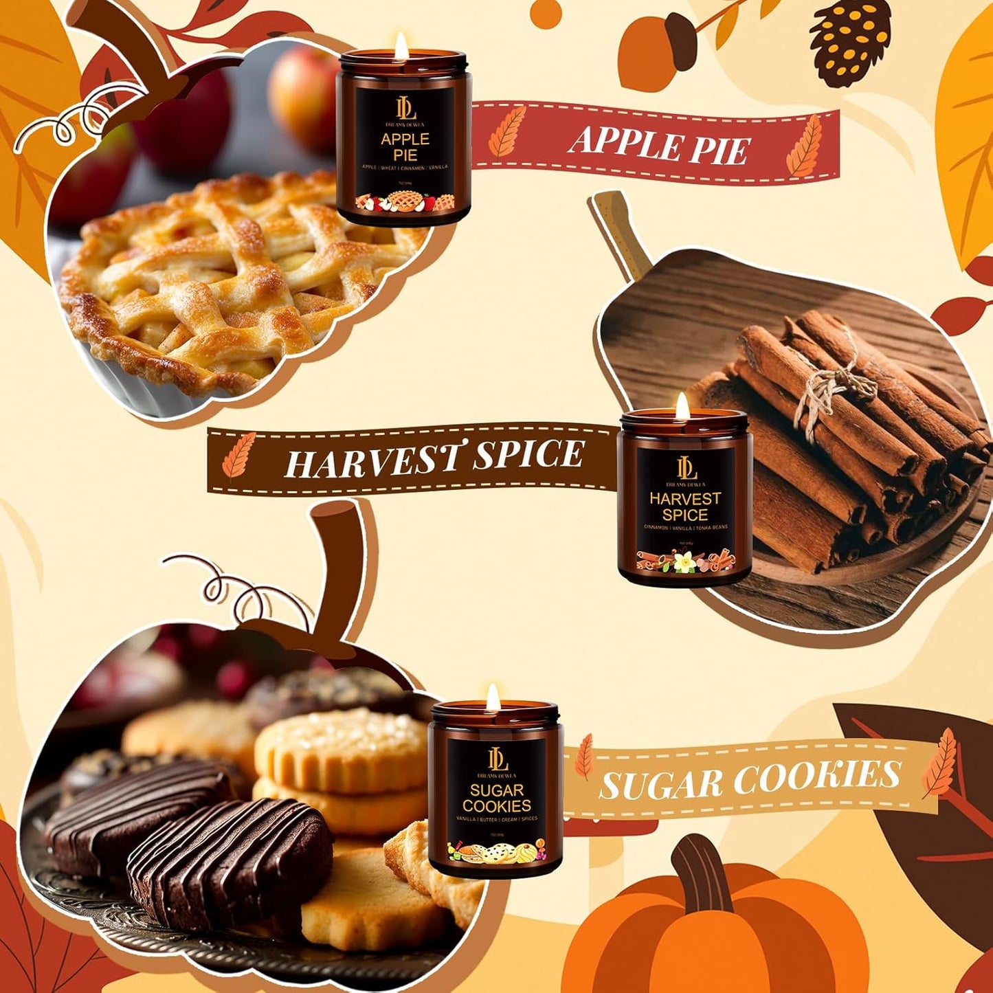 Fall Candle Set, Fall Scented Candles for Home, 6 Pack Soy Candle Set, Autumn Gifts for Women Men, Autumn Scents of Vanilla Pumpkin/Cinnamon Clove/Apple Pie/Harvest Spice/Sugar Cookies/Fall Party