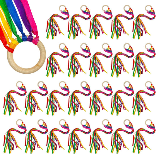 24Pcs Rainbow Ribbon Streamers Waldorf Toys Creative Waldorf Hand Kite Set Streamers with Wood Ring Sensory Learning Educational Toy for Playroom Dancing Birthday (Rainbow Colors)