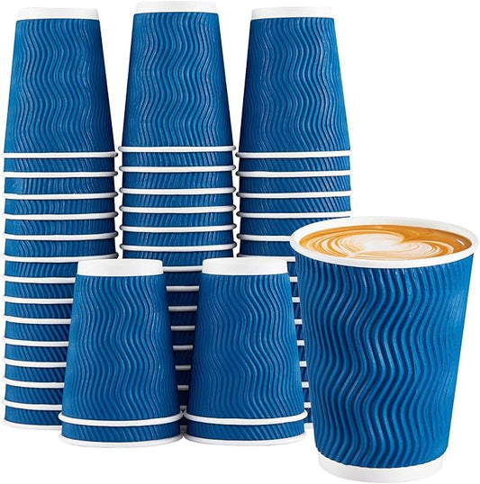 Lamosi 12 oz Insulated Coffee Cups Disposable - 50 Count Blue Paper Coffee Cups No Lids 12oz, Corrugated Ripple Wall Design for Hot Cold Drinks