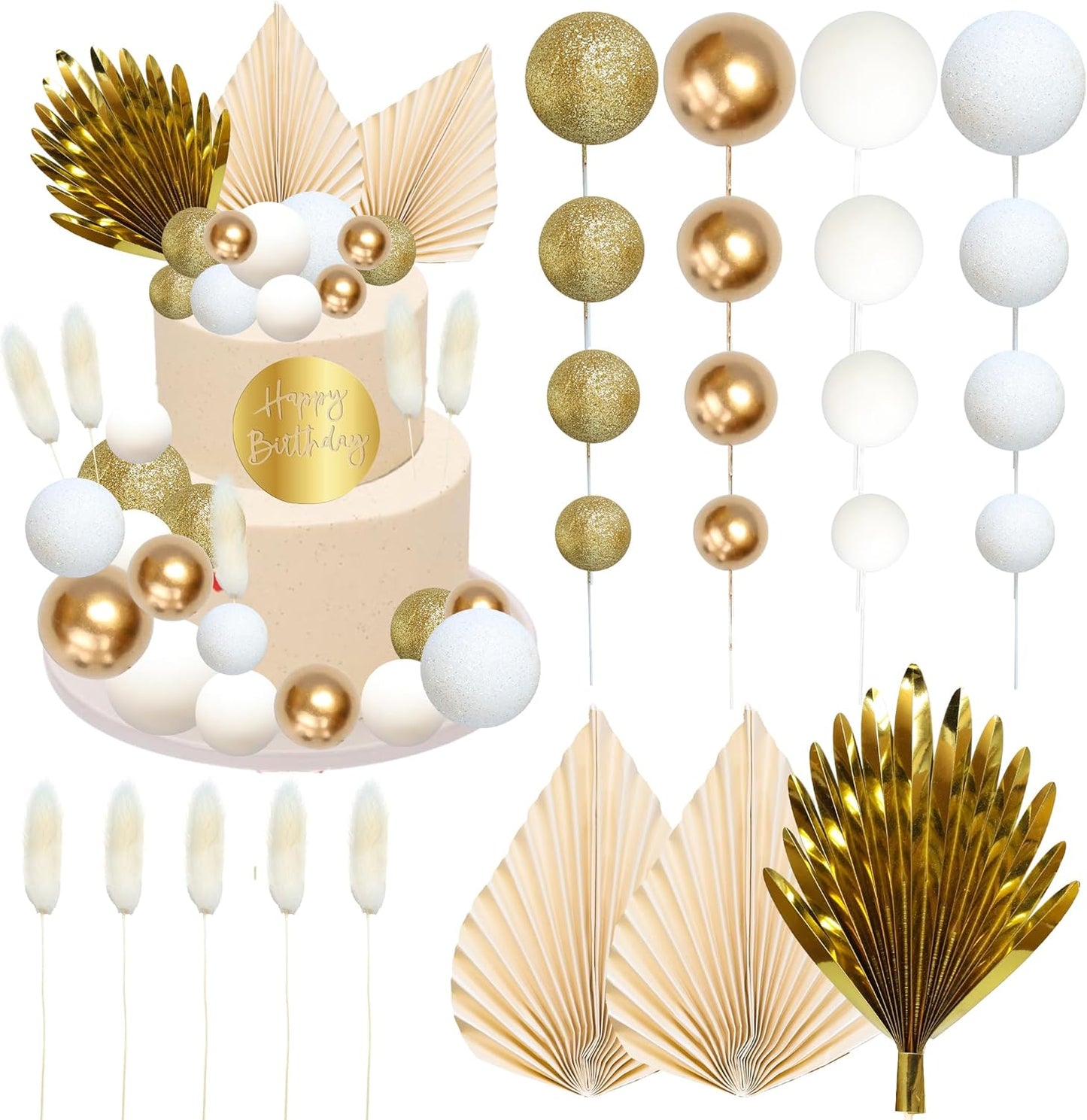Ephlyn 33 Pack Balls Cake Toppers Boho Palm Leaves Cake Decorations Round Acrylic Happy Birthday Cupcake Toppers for Birthday Wedding Baby Shower Party Supplies Gold White