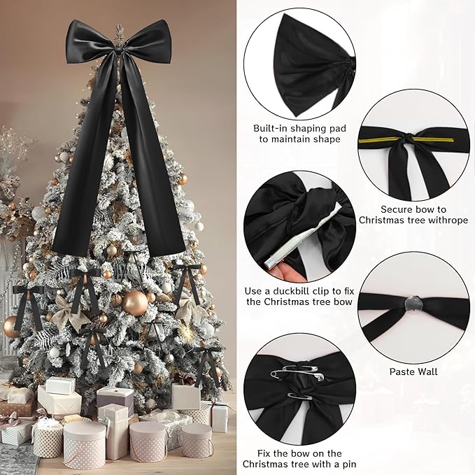 36Pcs Black Satin Christmas Bows, Christmas Tree Topper Bow Door Garland Decorations Home Party Wedding Car Gift Cake Holiday Decor Supplies