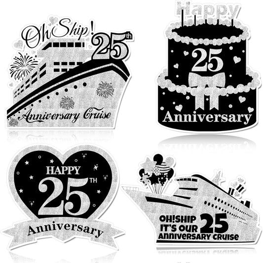 4 PCS Large 25th Anniversary Cruise Door Magnets Decorations Happy 25th Anniversary Cruise Ship Door Decor Magnetic Wedding Magnets Garage Refrigerator Car Magnets for Cabin Stateroom (Black Silver)