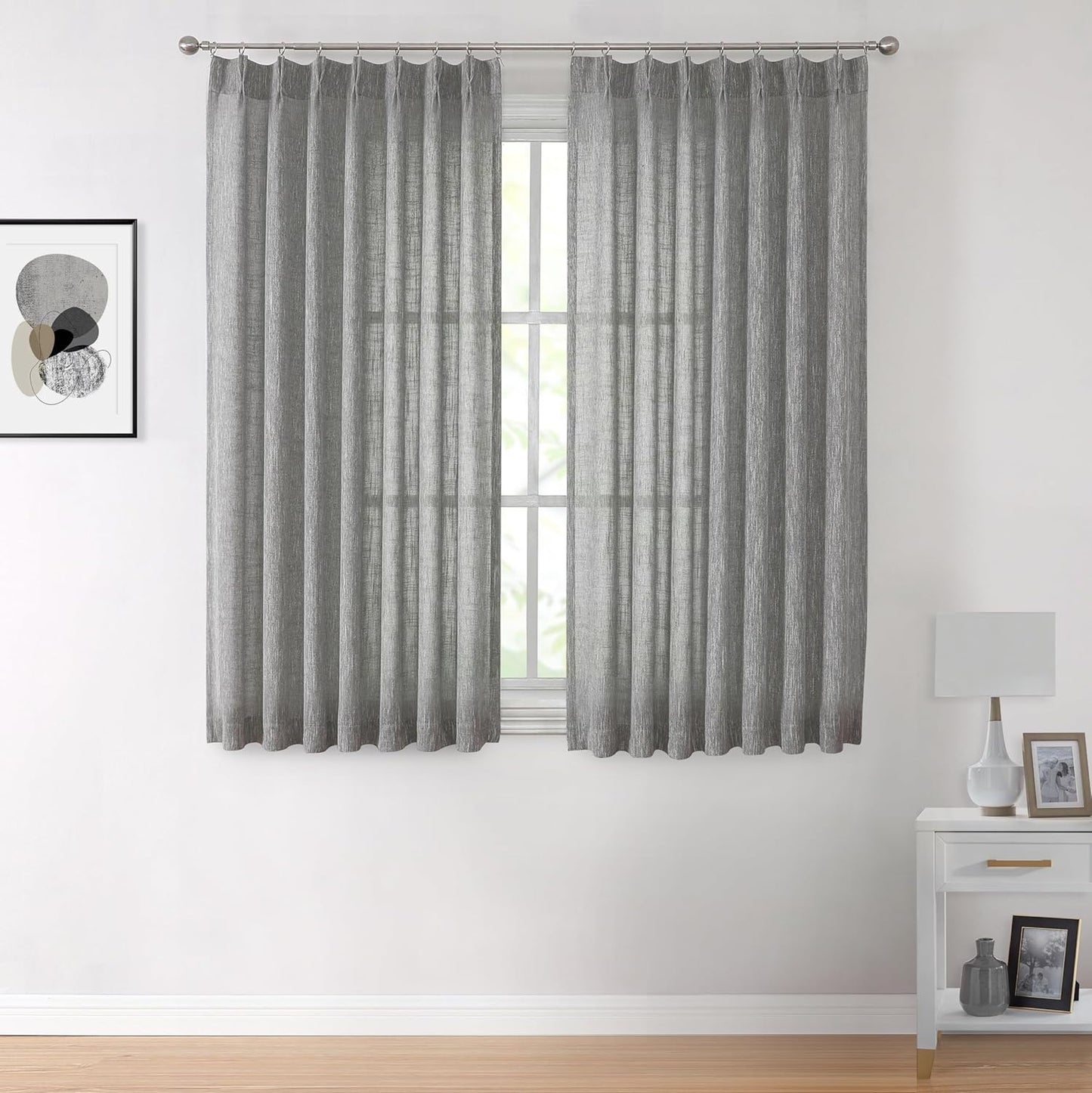 Vision Home Pinch Pleated Gray Semi Sheer Curtains Textured Light Filtering Window Curtains 63 inch for Living Room Bedroom Rayon Blended Charcoal Grey Pinch Pleat Drapes with Hooks 2 Panels 40"Wx63"L