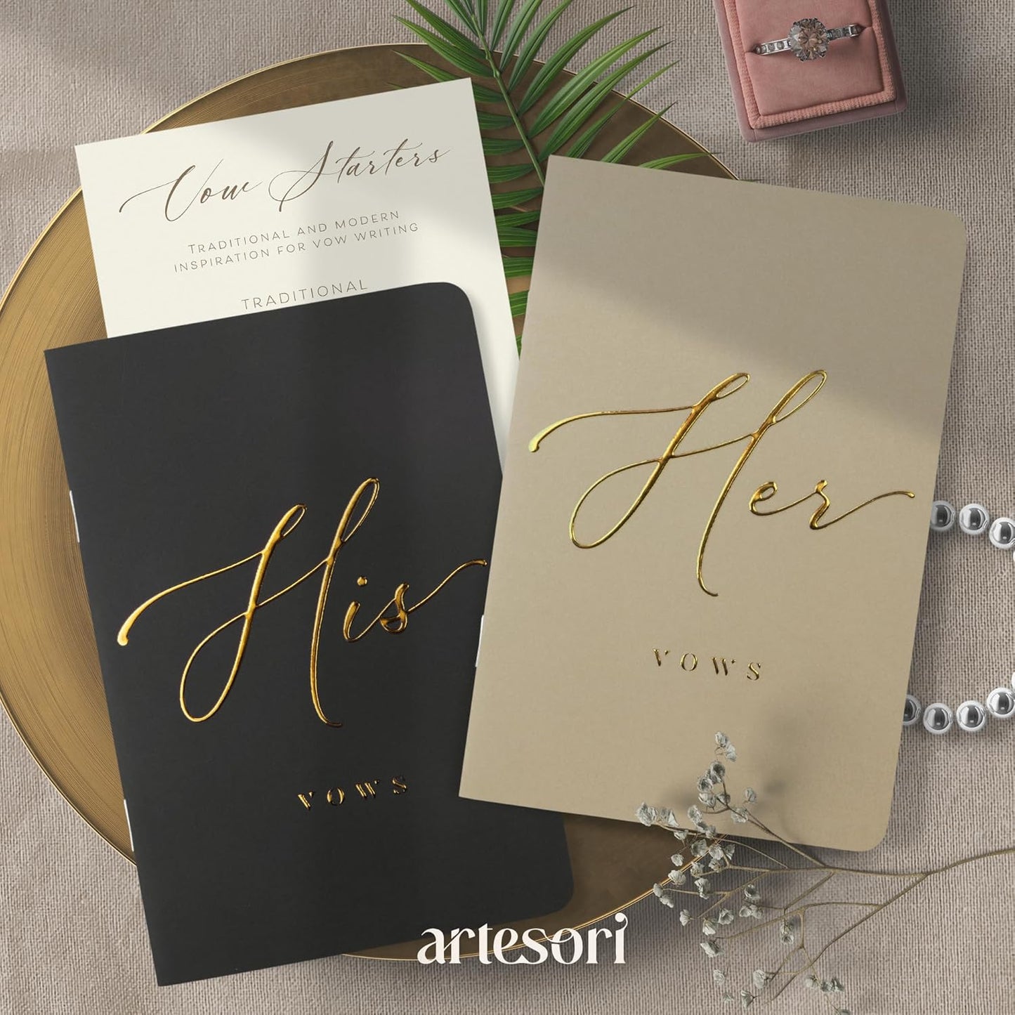 ARTESORI Wedding Vow Book for Her & Him, Soft Touch, Gold Engraving, 28 Lined Pages, Wedding Vow Books His and Hers, Wedding Essentials, Wedding Registry Gifts, His and Hers Gifts [Beige & Black]