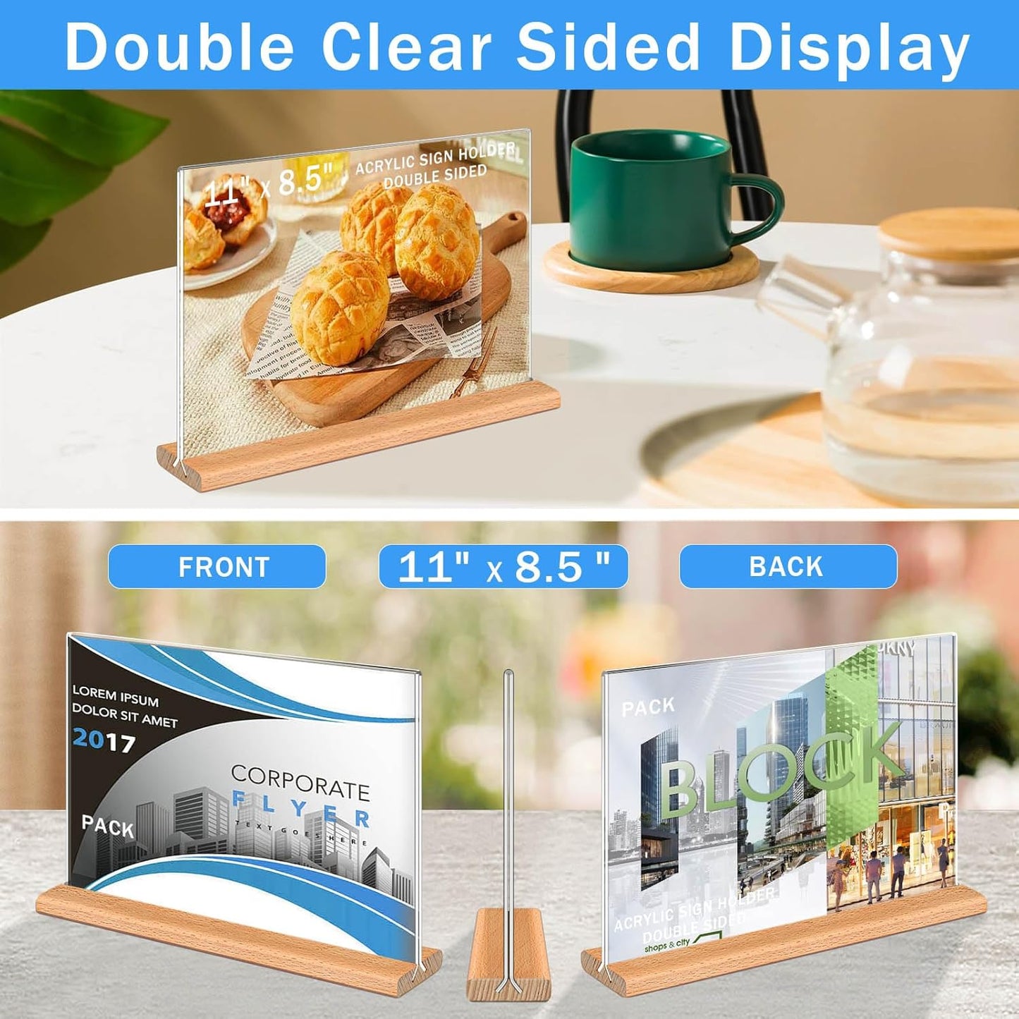 Kersally Acrylic Sign Holder 11 x 8.5'', 3 Pack Double-Sided Clear Table Display Stands with Wood Base,Horizontal Acrylic Frame Menu Flyer Paper Holder for Store, Restaurant, Hotel, Office, Show Fair