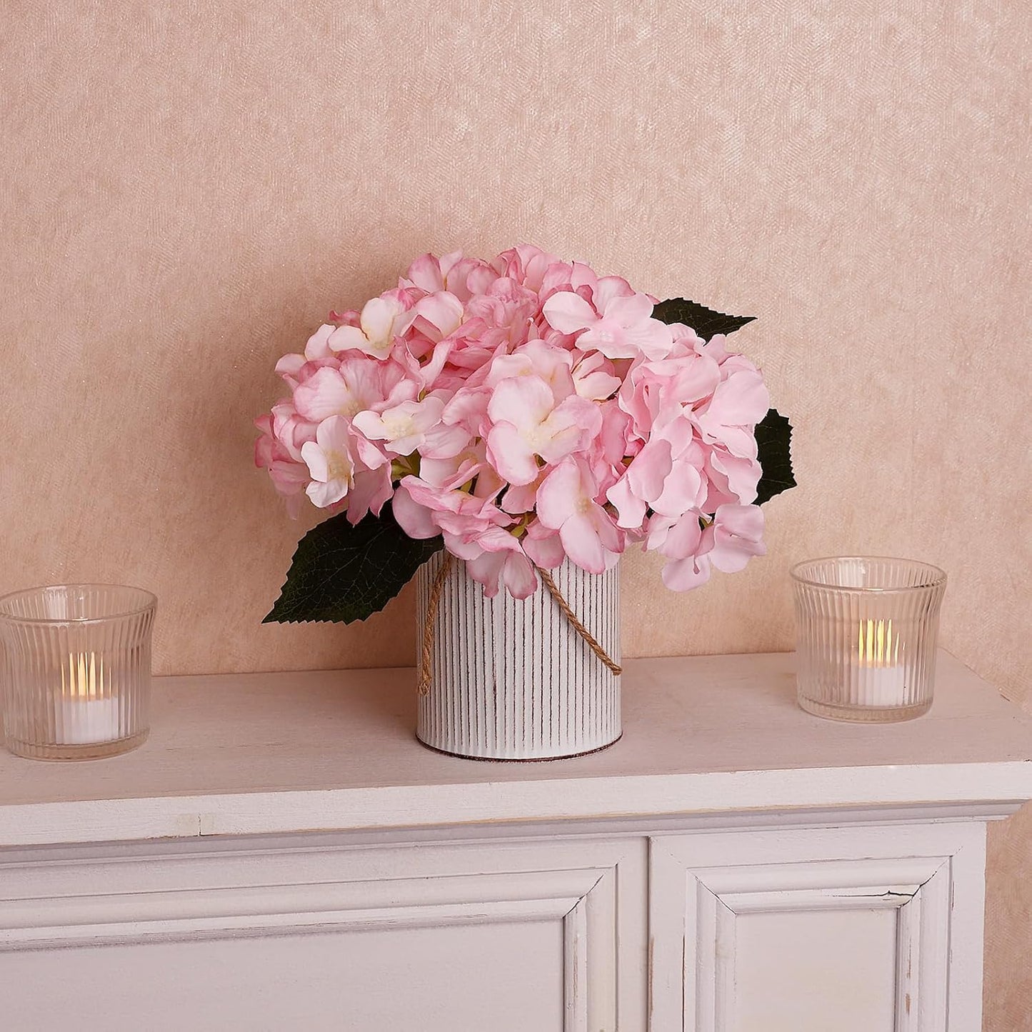 Flower Table Centerpieces - Set of 6 Floral Arrangement Artificial Wedding Hydrangeas Floral Arrangement with Rustic Metal Vase for Bridal Tea Party Event Decorations - Pink