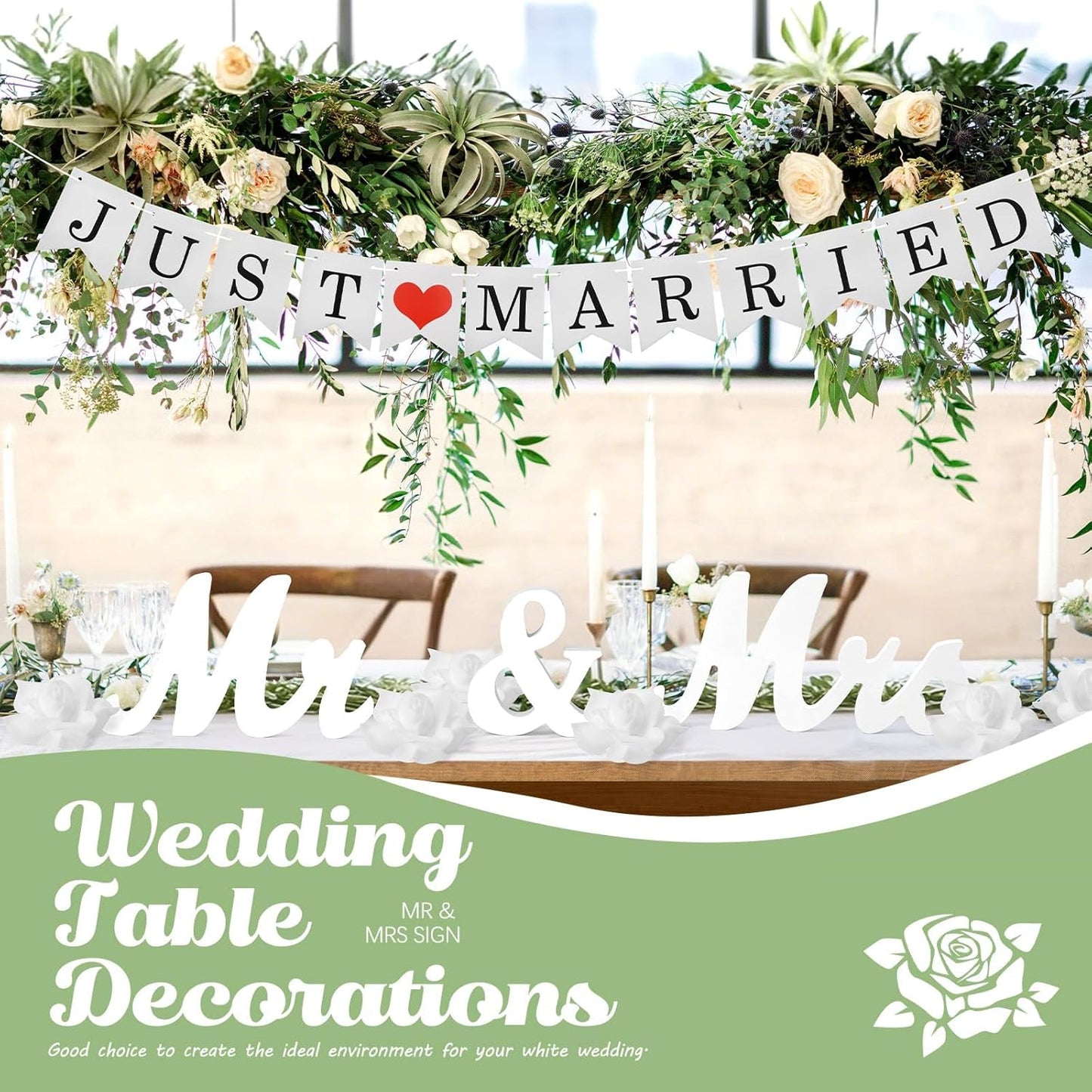 White Wooden Mr and Mrs Signs for Wedding Table, Wooden Wedding Table Signs for Ceremony and Reception - Centerpiece Decorations with Just Married Banner Gifts