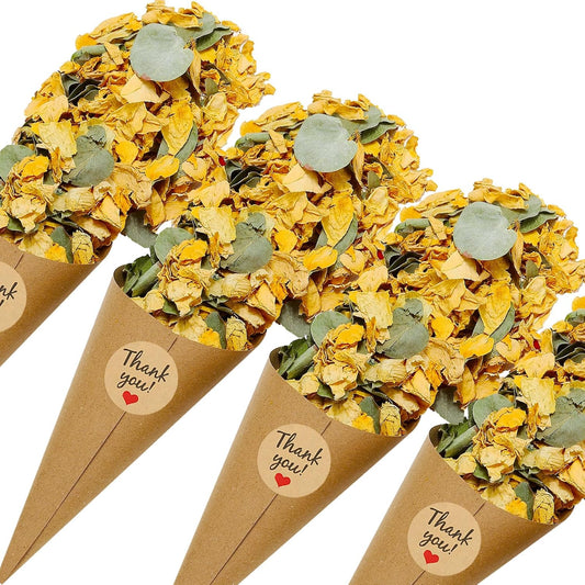PATIKIL Dried Flower Confetti Cones, 30Pcs Paper Tapers Cone Holder with Dried Rose Petal / Sticker for Wedding Party Engagement Birthday DIY Decoration, Yellow/Green