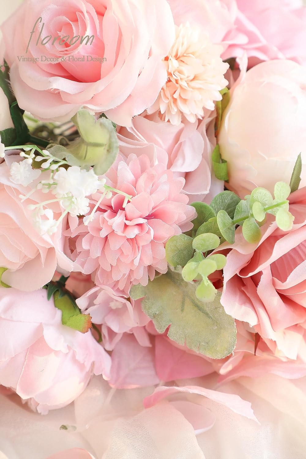 Floroom Blush Artificial Flowers Fake Roses Peonies Dahlia and Greenery Combo Box Set for DIY Pink Wedding Bouquets Bridal Shower Centerpieces Floral Arrangements Party Tables Home Decorations