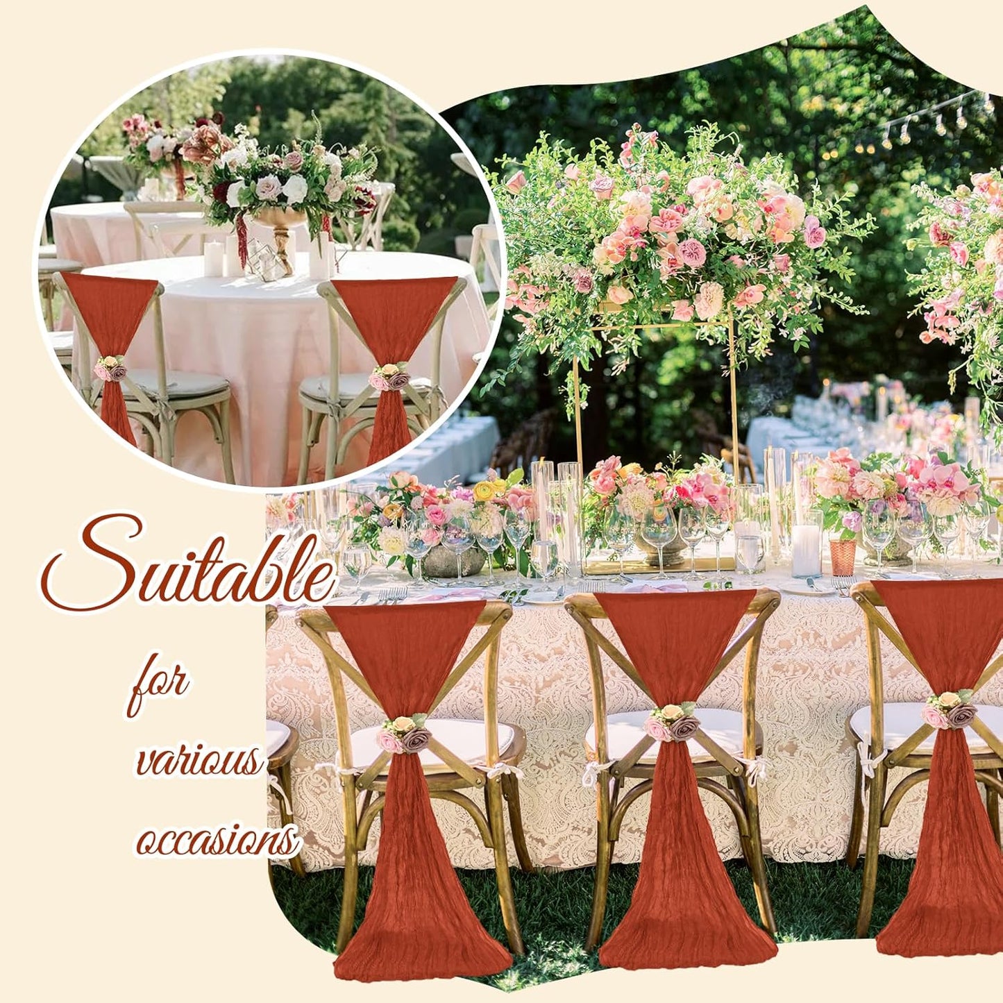 36 Pcs Terracotta Cheesecloth Chair Sashes, 16 x 108 inch Gauze Fabric Washable Chair Sashes Bows Designed for Aisle Decorations Universal Chair Cover Decor for Wedding Reception Party Banquet