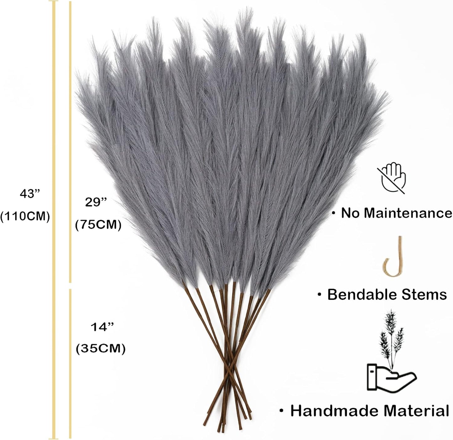 Faux Pampas Grass 6 Stems, Artificial Pampas Grass - 43''/3.6FT Total Extra Large Pompass Grass Tall Pompous Boho Flower Arrangement and Floor Vase Filler Home Decor for Room Wedding Party (Grey)
