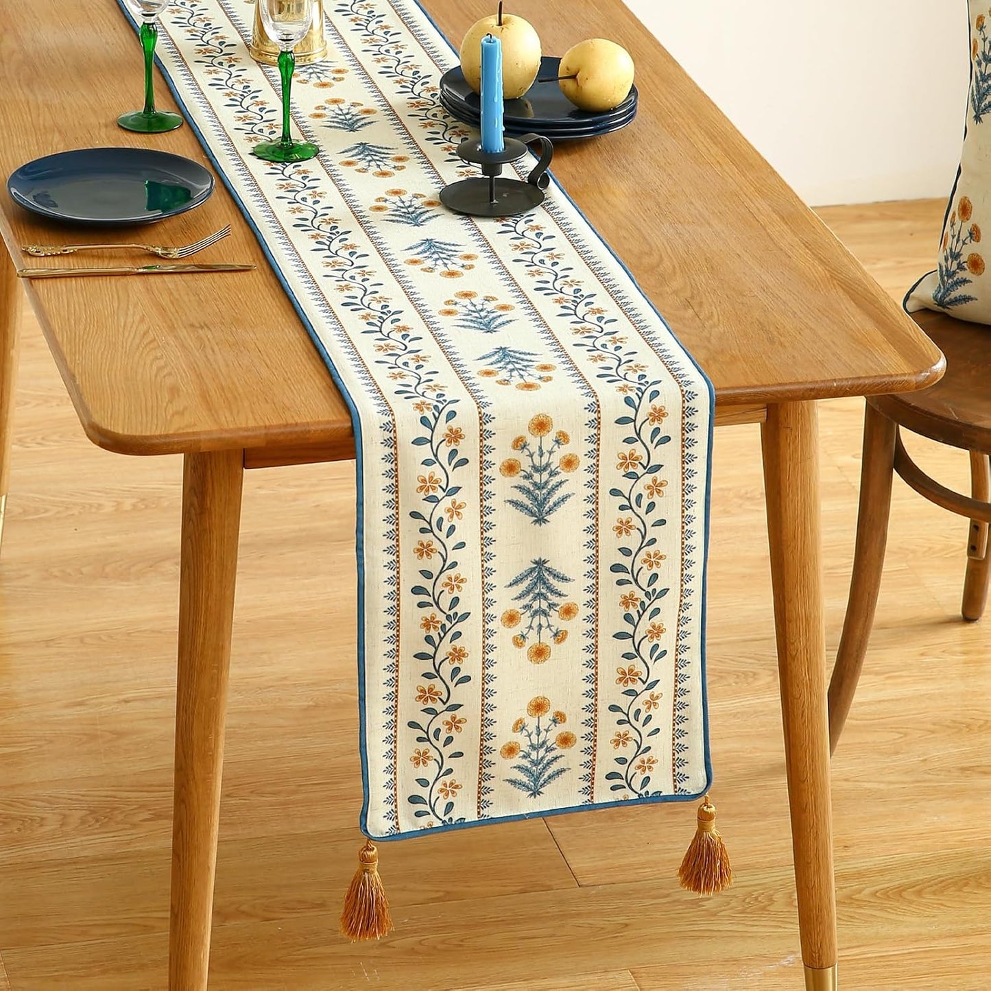 ISAENNE Designer Pale Yellow Elegant Linen Extra Long Table Runner 118 Inches,French Floral Pattern Elegant Table Runners for Dining Tables,Thanksgiving,Kitchen Tables,Christmas,12"*118"-Estevan A