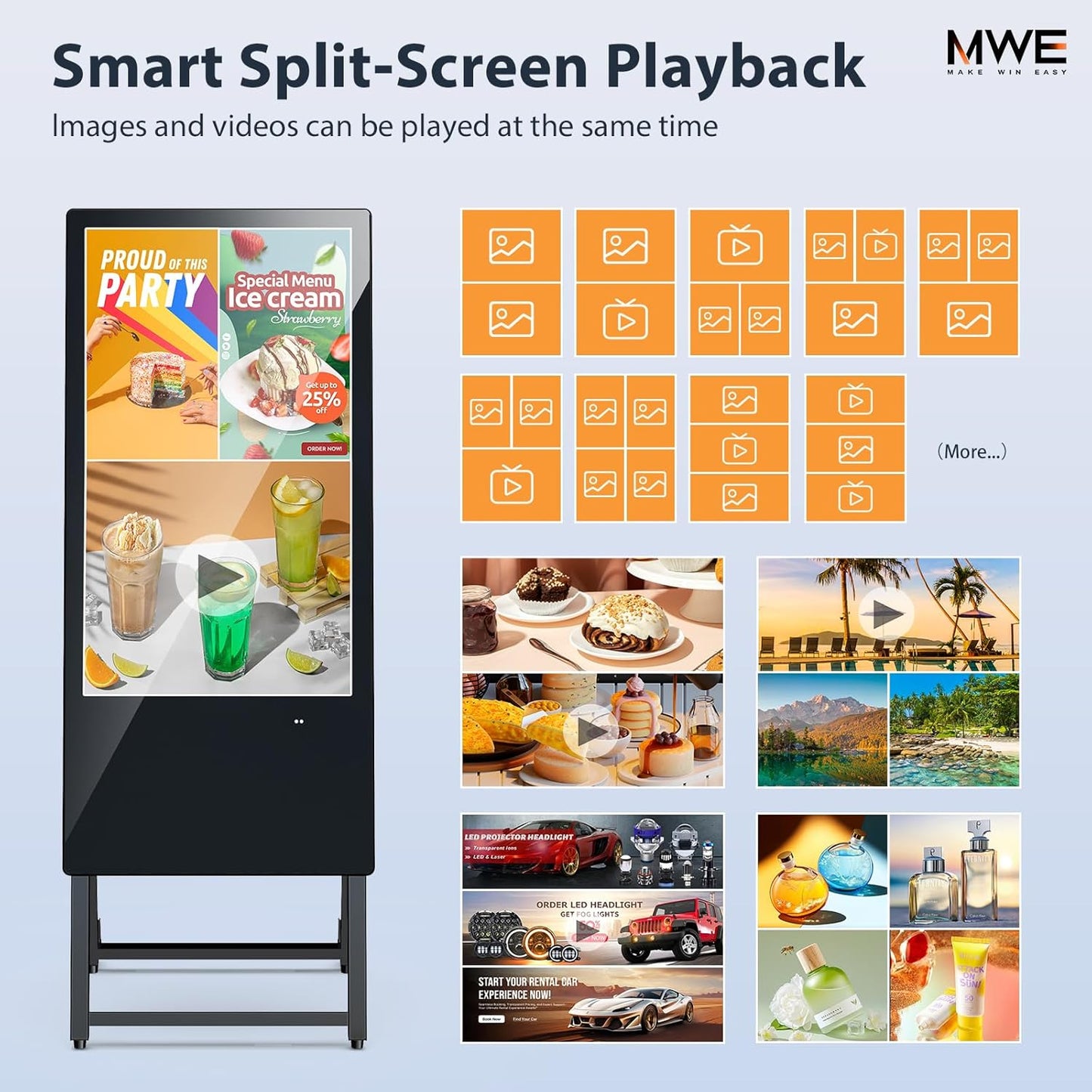 MWE 32 Inch Digital Signage Display, Portable LCD Digital Kiosk, Advertising Display Poster, Android Kiosk with Auto Media Player, HDMI/USB