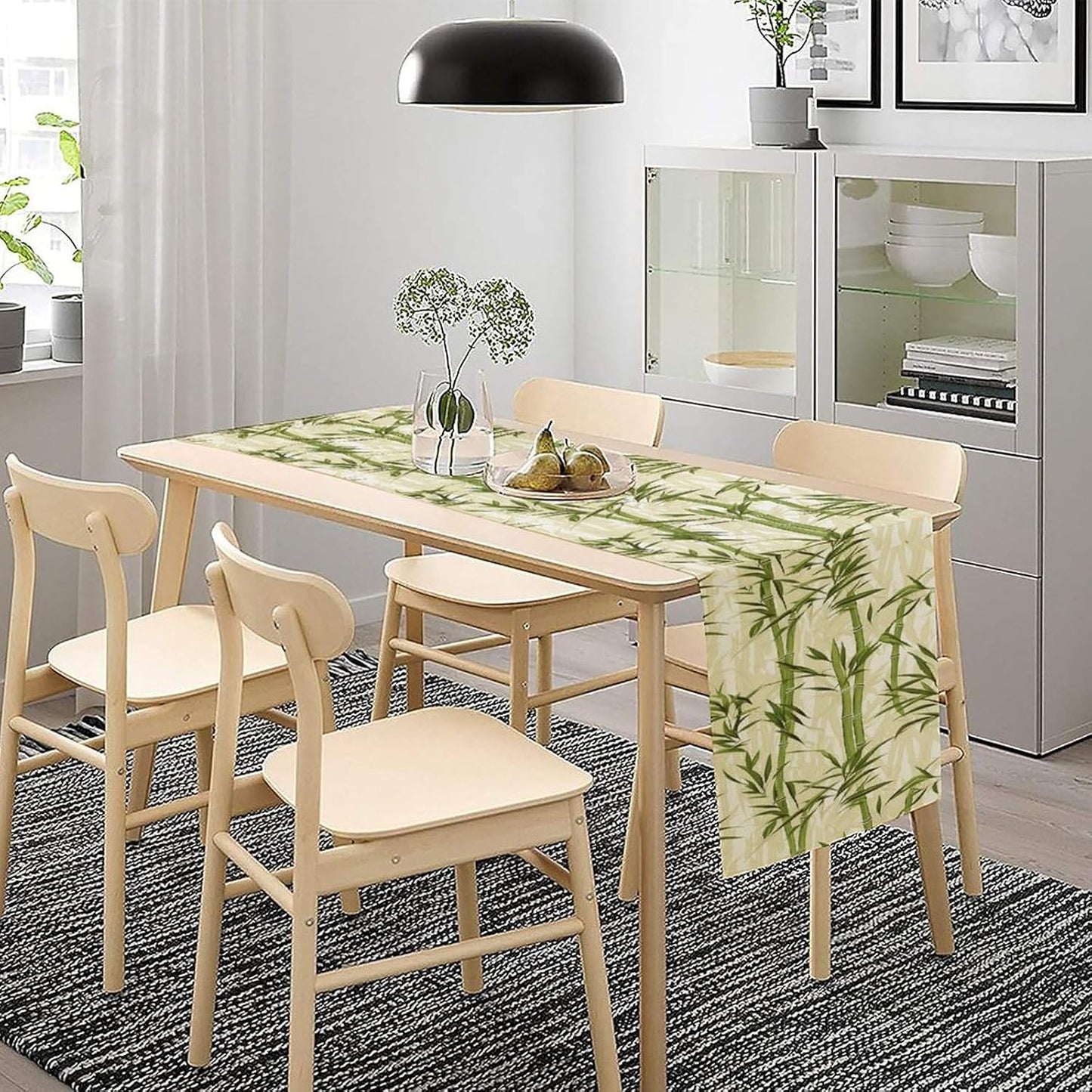 Bamboo Table Runner,Green Plant Leaf Pattern Table Cloth Kitchen Dining Table Home Party Decoration 13x90 Inch