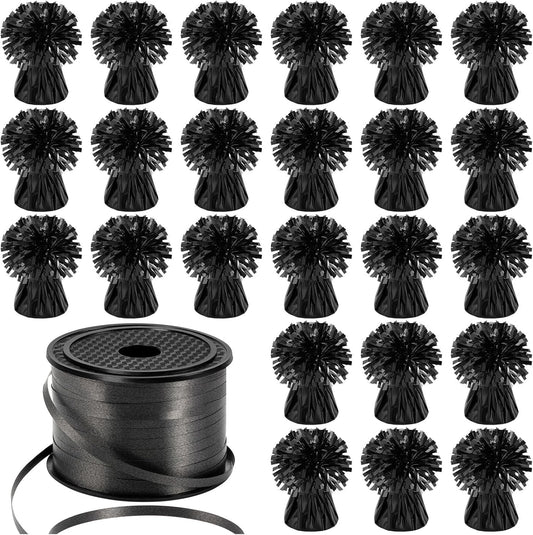 24 PCS Balloon Weights Metallic Anchor, Balloon Holder Heavy Weights with 1 Roll Black Crimped Ribbon for Balloons Table Party Favor Birthday Decor(Black)